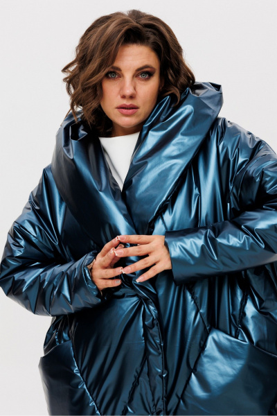 Пальто с капюшоном и карманами из плащёвки, свободный силуэт Rumoda 2235 синий - фото 4