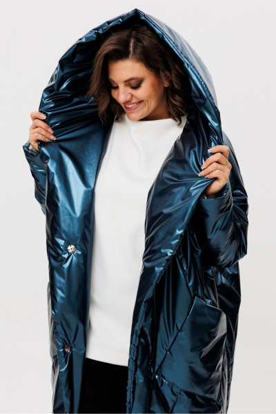 Пальто с капюшоном и карманами из плащёвки, свободный силуэт Rumoda 2235 синий - фото 3