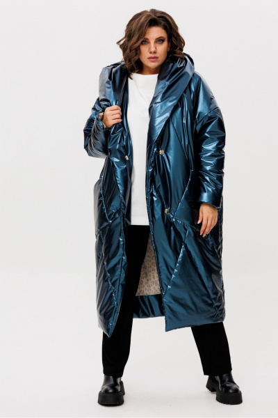 Пальто с капюшоном и карманами из плащёвки, свободный силуэт Rumoda 2235 синий - фото 2