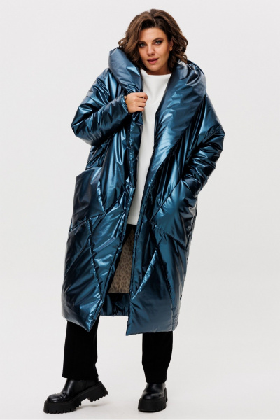 Пальто с капюшоном и карманами из плащёвки, свободный силуэт Rumoda 2235 синий - фото 1