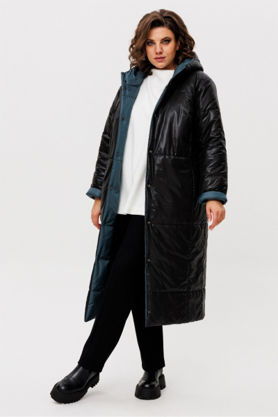 Пальто двустороннее прямого силуэта с капюшоном и кнопками Rumoda 2236 зеленый-черный - фото 6