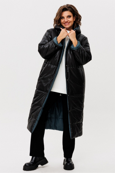 Пальто двустороннее прямого силуэта с капюшоном и кнопками Rumoda 2236 зеленый-черный - фото 5