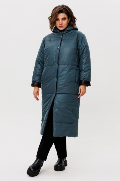 Пальто двустороннее прямого силуэта с капюшоном и кнопками Rumoda 2236 зеленый-черный - фото 2