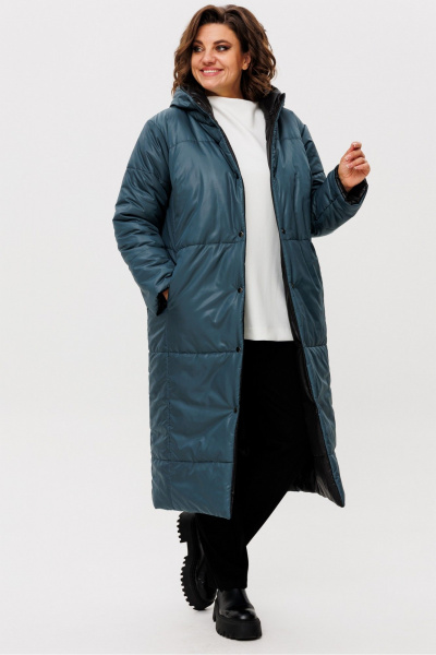 Пальто двустороннее прямого силуэта с капюшоном и кнопками Rumoda 2236 зеленый-черный - фото 3