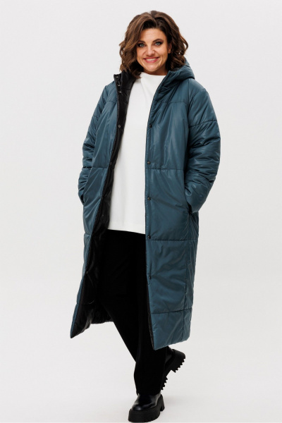 Пальто двустороннее прямого силуэта с капюшоном и кнопками Rumoda 2236 зеленый-черный - фото 1