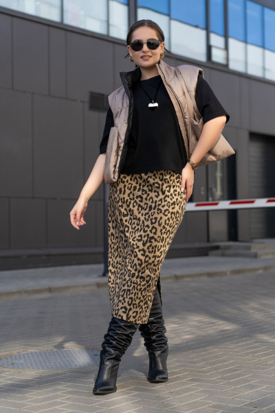 Трикотажная юбка с притачным поясом и разрезом Luna 189 леопард - фото 11