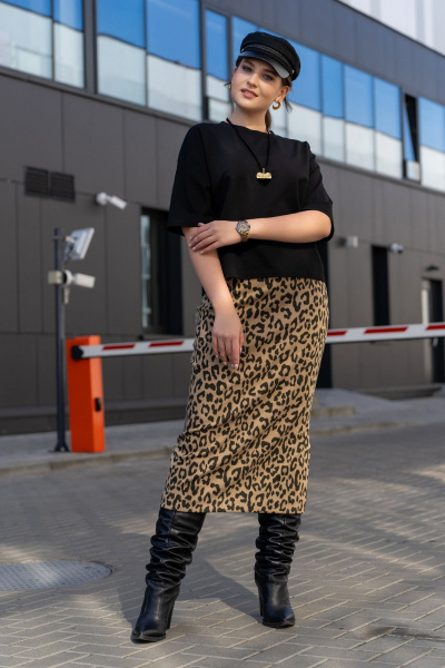 Трикотажная юбка с притачным поясом и разрезом Luna 189 леопард - фото 10