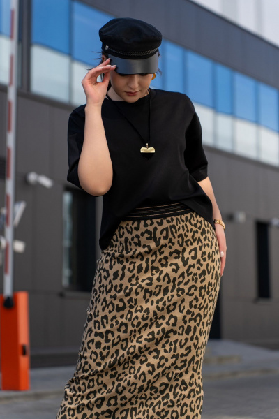 Трикотажная юбка с притачным поясом и разрезом Luna 189 леопард - фото 7