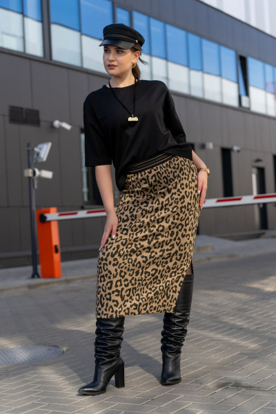 Трикотажная юбка с притачным поясом и разрезом Luna 189 леопард - фото 6