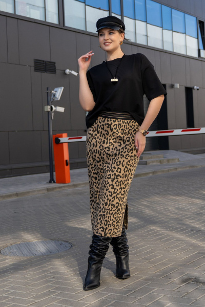 Трикотажная юбка с притачным поясом и разрезом Luna 189 леопард - фото 1