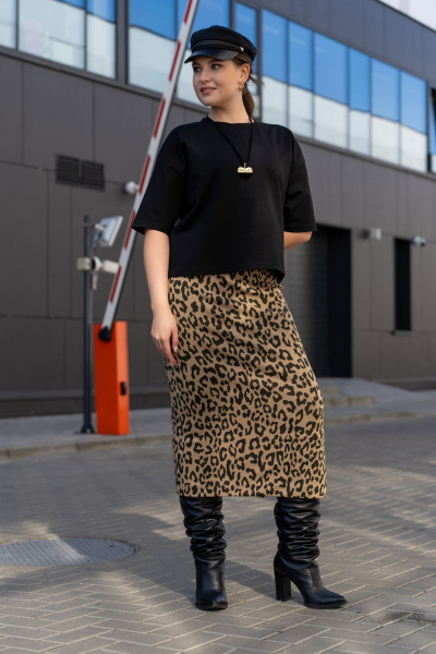 Трикотажная юбка с притачным поясом и разрезом Luna 189 леопард - фото 5
