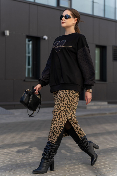 Свитшот из футерованного трикотажа с вышивкой и овальным вырезом Luna 191 чёрный - фото 9