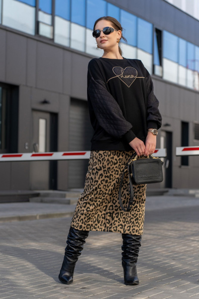 Свитшот из футерованного трикотажа с вышивкой и овальным вырезом Luna 191 чёрный - фото 8