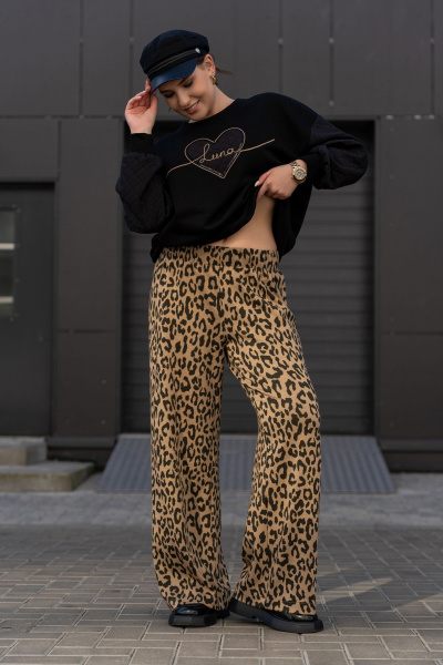 Широкие брюки из трикотажного полотна с высокой посадкой Luna 192 леопард - фото 6