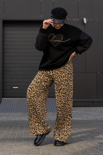 Широкие брюки из трикотажного полотна с высокой посадкой Luna 192 леопард - фото 1