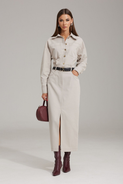 Платье из текстиля с вырезом и приталенной линией на каждый день N.O.W. 1483 бежевый - фото 6