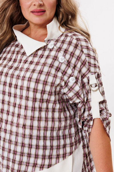 Блуза свободного кроя из комбинированной ткани Michel chic 751/1 клетка,бежевый - фото 7