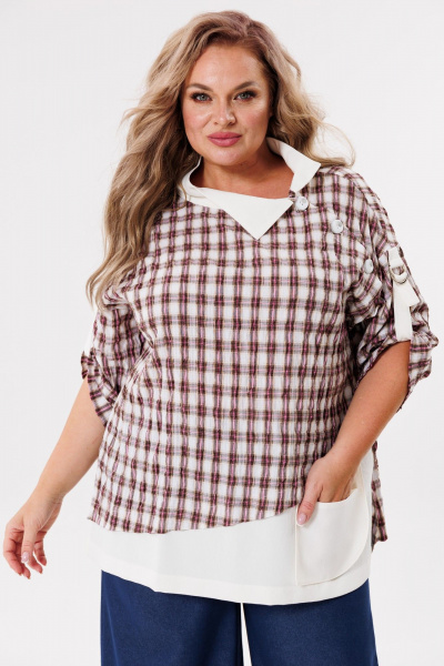 Блуза свободного кроя из комбинированной ткани Michel chic 751/1 клетка,бежевый - фото 5