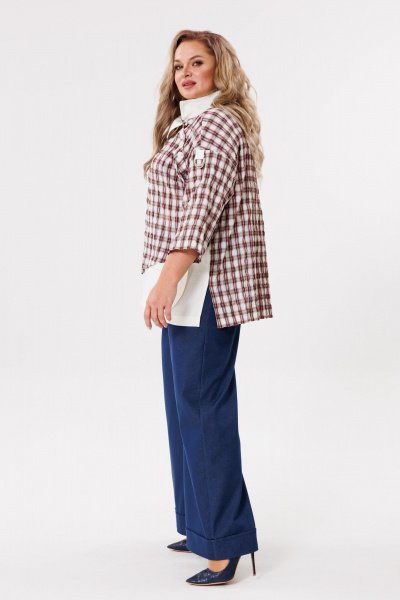 Блуза свободного кроя из комбинированной ткани Michel chic 751/1 клетка,бежевый - фото 4