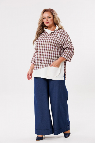 Блуза свободного кроя из комбинированной ткани Michel chic 751/1 клетка,бежевый - фото 3