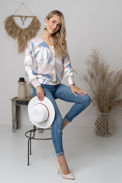 Джемпер прямой с V-образным вырезом из трикотажа Nika.PL 0302505 молочно-синий - фото 1