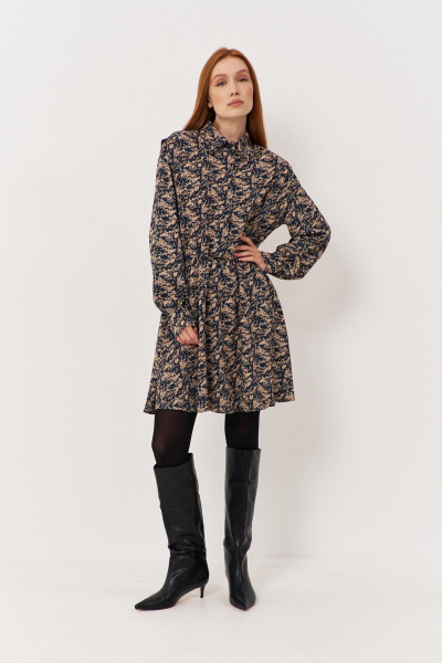 Платье приталенное из текстильной ткани с потайной застежкой FLAIM 1121 синий-бежевый - фото 1