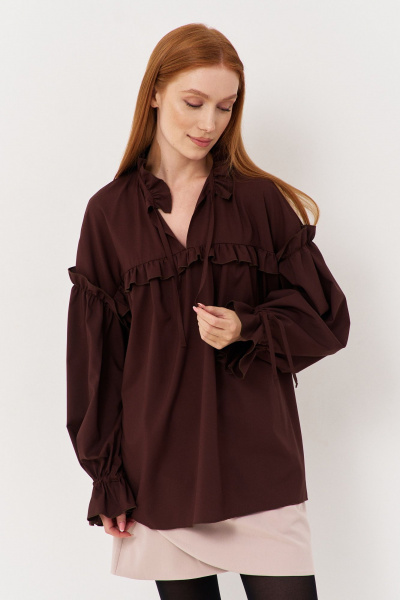 Блуза свободного кроя с рюше и сборками из текстиля FLAIM 1123 коричневый - фото 6