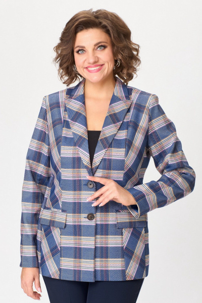 Женский костюм с брюками и жакетом из текстиля БелЭльСтиль 412-3_03_22+596-2_79_22 бело-синяя_клетка + синий однотон - фото 5