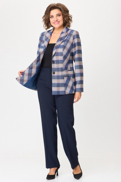 Женский костюм с брюками и жакетом из текстиля БелЭльСтиль 412-3_03_22+596-2_79_22 бело-синяя_клетка + синий однотон - фото 4