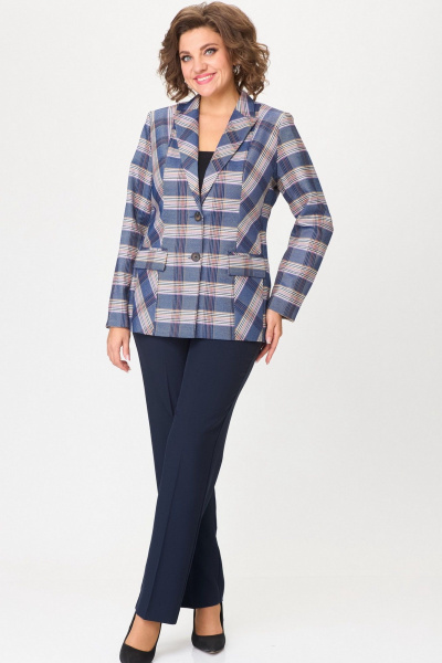 Женский костюм с брюками и жакетом из текстиля БелЭльСтиль 412-3_03_22+596-2_79_22 бело-синяя_клетка + синий однотон - фото 1