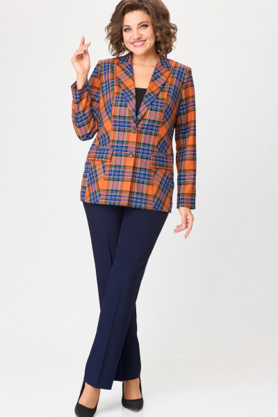 Классический костюм из текстиля: жакет и брюки БелЭльСтиль 412-3_03_22+596_-2_79_22 клетка_терракот+синий_однотон - фото 1