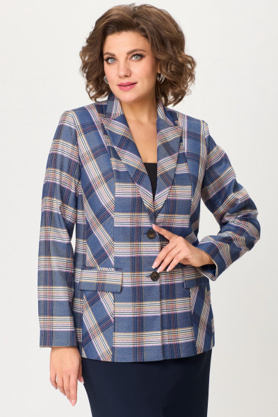 Деловой комплект: жакет и юбка из текстилли изящества БелЭльСтиль 412-3_03_22+597-2_47_22 бело-синяя_клетка + синий_однотон - фото 4