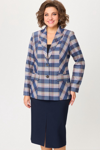 Деловой комплект: жакет и юбка из текстилли изящества БелЭльСтиль 412-3_03_22+597-2_47_22 бело-синяя_клетка + синий_однотон - фото 3