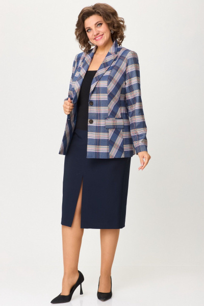 Деловой комплект: жакет и юбка из текстилли изящества БелЭльСтиль 412-3_03_22+597-2_47_22 бело-синяя_клетка + синий_однотон - фото 2