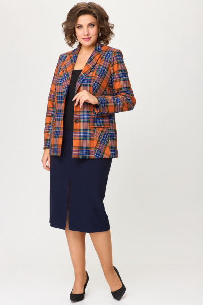 Женский двойка: жакет и юбка из текстиля для офиса БелЭльСтиль 412-3_03_22+597-2_47_22 клетка_терракот+синий - фото 6