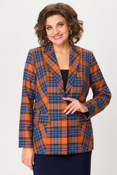 Женский двойка: жакет и юбка из текстиля для офиса БелЭльСтиль 412-3_03_22+597-2_47_22 клетка_терракот+синий - фото 5
