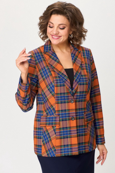 Женский двойка: жакет и юбка из текстиля для офиса БелЭльСтиль 412-3_03_22+597-2_47_22 клетка_терракот+синий - фото 4