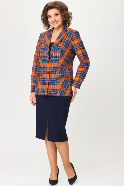Женский двойка: жакет и юбка из текстиля для офиса БелЭльСтиль 412-3_03_22+597-2_47_22 клетка_терракот+синий - фото 2