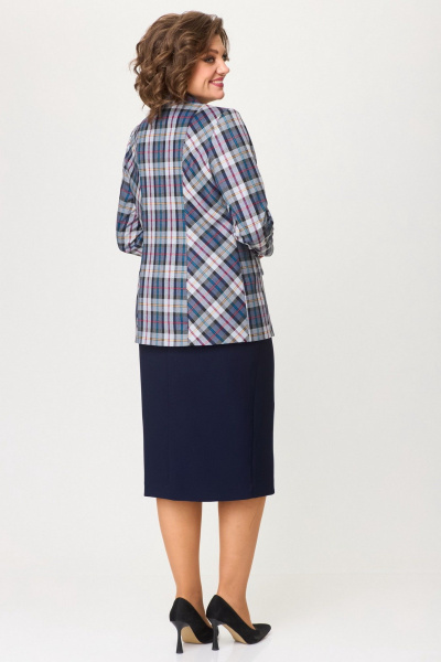 Деловой двойной костюм из текстиля: брюки и юбка БелЭльСтиль 412-3_03_22+597-2_47_22 синяя_клетка + синий_однотон - фото 6