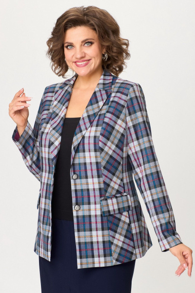 Деловой двойной костюм из текстиля: брюки и юбка БелЭльСтиль 412-3_03_22+597-2_47_22 синяя_клетка + синий_однотон - фото 5