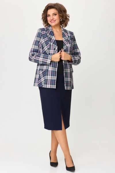 Деловой двойной костюм из текстиля: брюки и юбка БелЭльСтиль 412-3_03_22+597-2_47_22 синяя_клетка + синий_однотон - фото 4