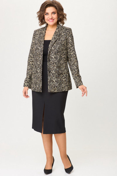 Стильный деловой двойка из текстиля: жакет и юбка БелЭльСтиль 866-2_99_22+597-2_47_22 золото_дизайн+черный_однотон - фото 3
