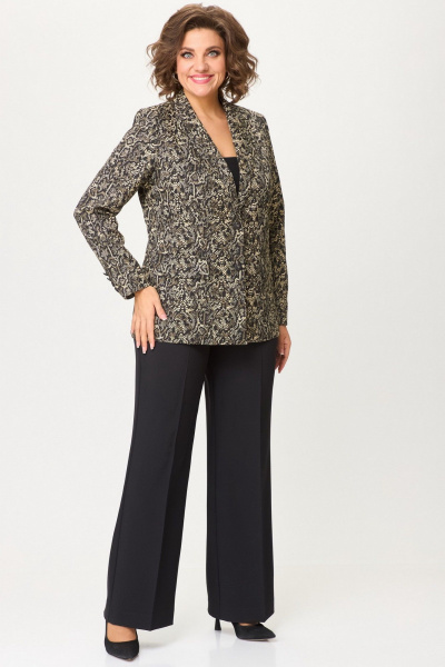 Модный двойной костюм из текстиля: брюки и жакет БелЭльСтиль 866-2_99_22+601-2_88_22 золото_дизайн+черный_однотон - фото 2