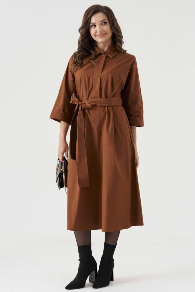 Платье А-силуэта из хлопковой ткани с поясом и карманами Панда 192980w коричневый - фото 2