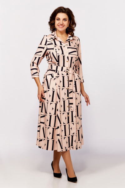 Платье приталенное с карманами и поясом из вискозы Swallow 784.3 персик+черные_буквы - фото 3