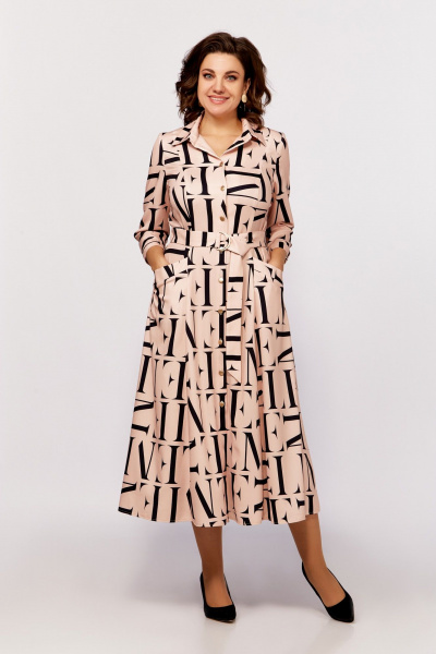 Платье приталенное с карманами и поясом из вискозы Swallow 784.3 персик+черные_буквы - фото 2