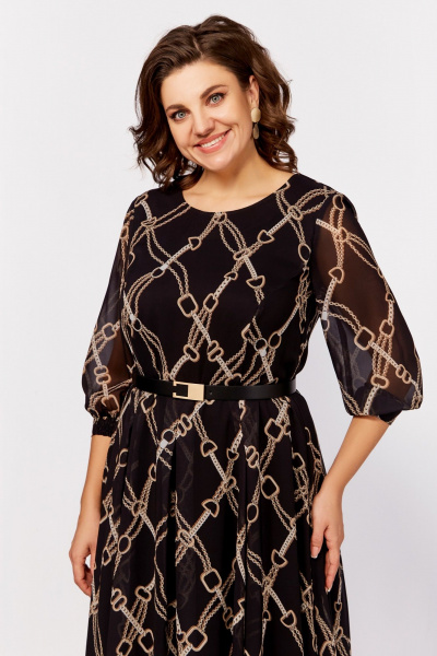 Платье свободное в стиле на каждый день из шифона Swallow 792.2 черный,принт«бежевые_цепи» - фото 5