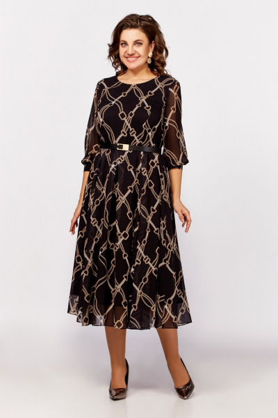 Платье свободное в стиле на каждый день из шифона Swallow 792.2 черный,принт«бежевые_цепи» - фото 4