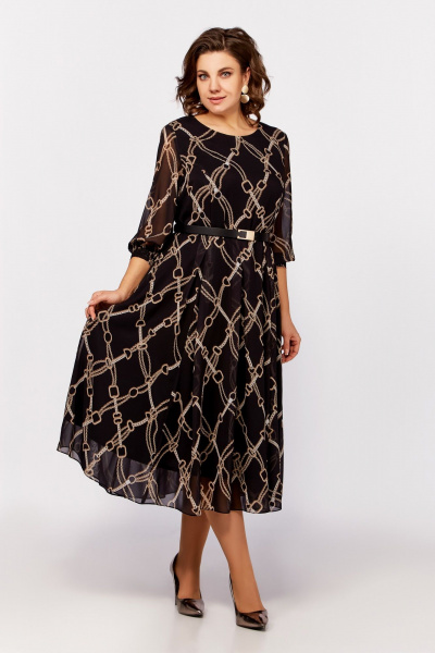 Платье свободное в стиле на каждый день из шифона Swallow 792.2 черный,принт«бежевые_цепи» - фото 3