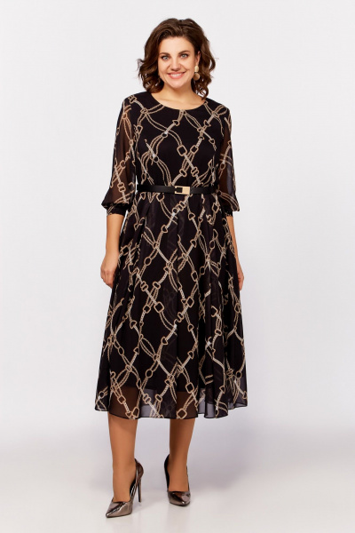 Платье свободное в стиле на каждый день из шифона Swallow 792.2 черный,принт«бежевые_цепи» - фото 2